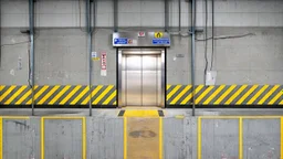 wall design for parking garage, concrete, yellow marking lines, hazard lines, weathering and water stains, realistic elevator doors in middle. a sign is above the elevator doors. rough painted hashmarks and parking lines, add signage found in a parking garage. add electrical wiring