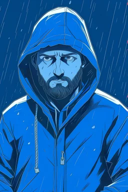 A person with short bearded wearing a dark blue hoodie of Celvin Klein. His head is covered by the hoodies cap, he puts his hands in his pockets and walking. the background is in blue color where one lightning has happened. he is wearing a blue handkerchief on his face.