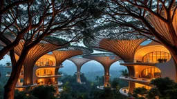 A series of interconnected, curved buildings resembling the canopies of giant trees. Each building is made of advanced, sustainable materials and features panoramic windows that blend seamlessly with the natural surroundings. Award-winning photograph, beautiful composition, exquisite detail and illumination