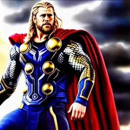 Ultra detailed fullbody Portrait in oil on canvas of Thor with asgardian armor ,extremely detailed digital painting, extremely detailed face,crystal clear eyes, mystical colors ,perfectly centered image, perfect composition, rim light, beautiful lighting,masterpiece,8k, stunning scene, raytracing, anatomically correct, in the style of robert e howard and Wizyakuza and Ohrai Noriyoshi and Simon Bisley and uncannyknack