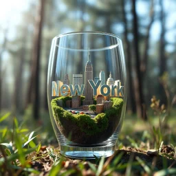 Create hyper-realistic photo of a glass tumbler in a wild forest. Inside, a miniature [New York] with landmarks. A trasparrent 3D text of [New York] blends naturally into the landscape . Soft bright daylight, reflections, and subtle imperfections like fingerprints. DSLR quality, sharp focus.