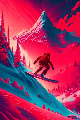 Snowboarding, psychedelic, red tones, fantasy landscape