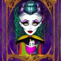 extrem tim burton style and disney style of an old and extrem malicious stepmother, sharp focus, sneaky eyes, old face