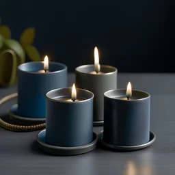 Three candle holders in different sizes and heights, with denim blue candles and burning wicks