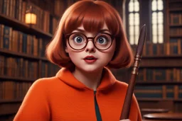 Velma Dinkley with big eyes and red cheeks licks a riding crop, her iconic orange pullover and glasses, in the Hogwarts library