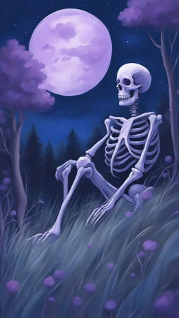 A sketchy oil painting from behind a skeleton sitting in the grass on the top of a hill, lookin into the night sky. A Forrest in the background. Painting. Purple colours. Blue colours. Night. Melancholic mood. Colorful.Pastel colours. Masterpiece.