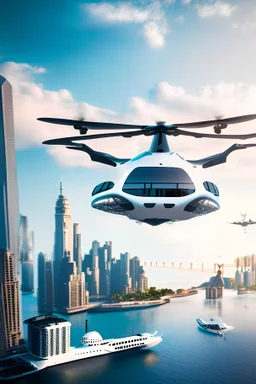 An eVTOL flying over a city, a cruise ship docked in the harbor, lifelike photo.