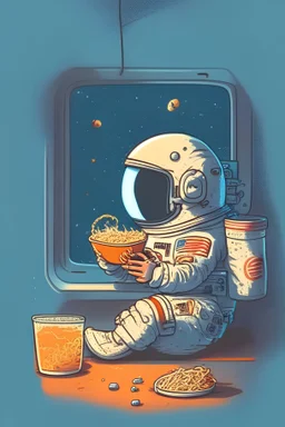 Un astronauta comiendo ramen mientras ve el fútbol, caricatura, linda