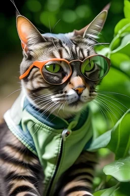 Cat drive bicycle in garden wear glasses