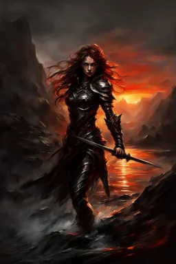 A formidable warrior girl in black armor, on the background Amazing gloomy landscape, flooded with sunset, mountains, trees, fabulous scary hero, , juicy emotions, painting, dark fantasy, bad weather, gloomy day, dark world, by Raymond Swanland & Alyssa Monks & Anna Razumovskaya