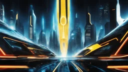 tron legacy movie, programs, space ships, city of the future, yellow, blue, red