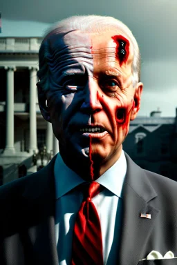 Ultra realistic image, joe biden zombie, zombie performance, soft skull, grey eyes, blood, torn arm, night, walking twisted, waist up view, thriller style, dark ambient, highly detailed, White House background, concept art, unreal engine 5, god rays, ray tracing, RTX, lumen lighting, ultra detail, volumetric lighting, 3d, finely drawn, high definition, high resolution.