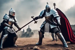 Duel of Knights: a woman knight in Gothic armor with poleaxe fight a giant in padded armour with a war hammer