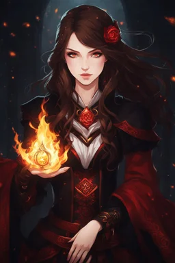 A confident looking young woman with pale skin and long brown hair in a fantasy setting with intricate details. She is wearing black and red, has red eyes, She is a fire mage. Anime style. High definition