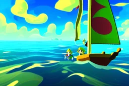 Legend Of Zelda: Wind Waker style view of a vast ocean, stylized, colorful, adventurous.