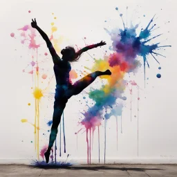 Loose brush stroke watercolor painting, colorful profile silhouette of a female gymnast in the middle of doing a cartwheel legs up in the air, splash art, street graffiti art, polychromatic, ink splatter, diffusion, artistic, kinetic, by Pejac