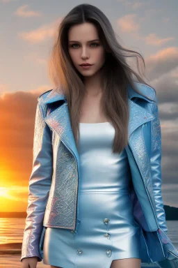 half body shot,realistic portrait of a 20-25 old caucasian model, long blue pink flowing hair, great grey eyes, blue leather jacket,full body, short white skirt,long legs,standing at beach of very nive lake with sunset ,clouds,godrayes