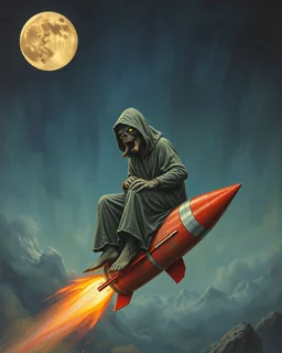 Bosch painting style ,nightmare, Scary hooded creature sitting on rocket dropped from the sky as seen from the classic old movie