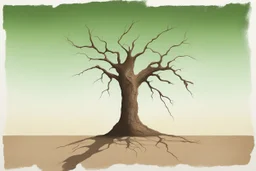minimal Painting. Rock music cover Art. A dried oak tree, like a human profile. Dry and cracked ground. Surreal. A dried oak tree, which has sprouted a green bud