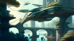 people watching a futuristic ship flying above a utopian city. bridges, roads, balconies, trees, dense foliage, river, pathways, detailed photorealistic