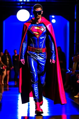 Superman on a fashion runway cyberpunk clothes style street wear without cape