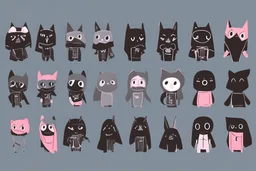 6 simple shaped hand drawn cartoon characters that are cute dark and have hoodies