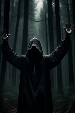 Dark forest , a hooded man is standing, raising his hands up