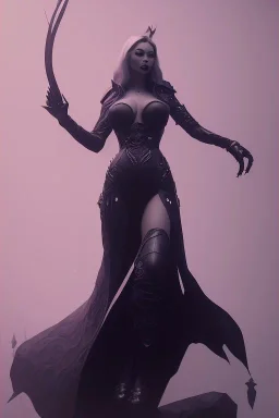 Mari Blanchard in black leather gown, evil,energetic, villain, busty, cleavage, curvy, angry, happy, stern look. character design by cory loftis, fenghua zhong, ryohei hase, ismail inceoglu and ruan jia. unreal engine 5, artistic lighting, highly detailed, photorealistic, fantasy