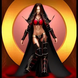 Ultra realistic, beautiful woman, long hair, 8-pack abs, black robe, evil, long nails, dark red and gold leather armour, magic, hung