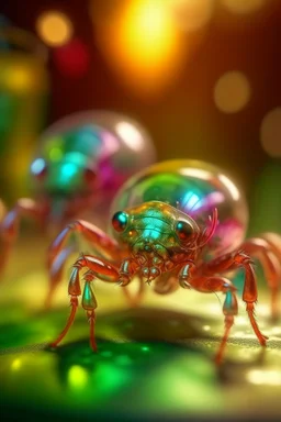 portrait of transparent slimy alien lobster bugs, smiling with beautiful shiny hair, each inside a pile of transparent jelly bubbles of weird colors, disco egg made of small mirror, light rayz, feast table ,shot on Hasselblad h6d-400c, zeiss prime lens, bokeh like f/0.8, tilt-shift lens 8k, high detail, smooth render, down-light, unreal engine, prize winning