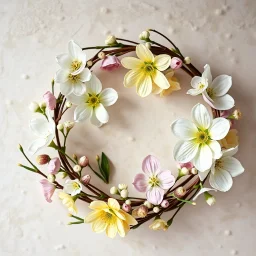 A hyper-realistic photograph of spring flowers and willow branches arranged in a wreath, top view composition, natural and soft mood, photorealistic style, macro photography, neutral background, diffused natural lighting, pastel and fresh tones, ultra high resolution --ar 16:9