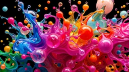 7714. Colourful immiscible liquid globules floating in a wild dance, liquid medium, mixed, distorted, spectacular, strange globular shapes, wild, fantasy, futuristic, artistic, attractive, beautiful lighting, attractive composition, photorealistic, extremely detailed, chiaroscuro