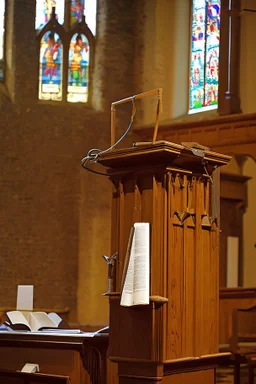 The Bible lies on the pulpit in the church hall, and above it are several question marks