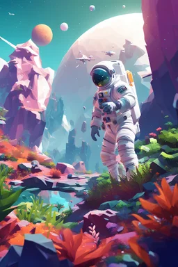(((close midshot))), (((low poly art:2))), (astronaut), ultra detailed illustration of an environment on a dangerous:1.2 exotic planet with plants and wild (animals:1.5), (vast open world), astroneer inspired, highest quality, no lines, no outlines candid photography.