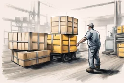 a swedish industry worker from sweden, very strong pushing a wooden crates and IBC along the floor in a factory, truckdrivers (forklift) in background, very basic sketch painting like the image i uploaded
