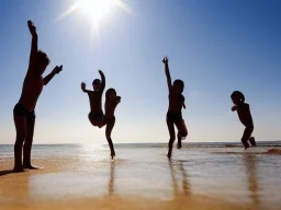 children jumping in water on a beach capture them against the sun and make an art silhouette, hyper details, real sharp, 8k, well detailed, well shaped