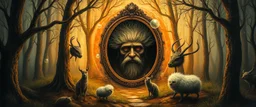 in the magical mirror forest we get a strange portrait and you enter the strangest bubble doorway to weird dimension and the aura of its heavenly fluffy elevated messed up woodland and ad & d monster creatures flock painted by Nerdrum and Rembrandt