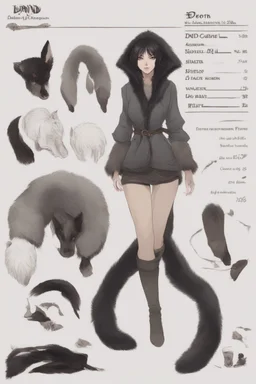 A dnd character sheet. A woman dressed for the cold north dressed in dark furs, with black hair