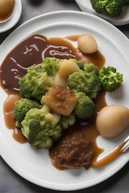 elgstek med broccoli og brun saus, poteter på et fat