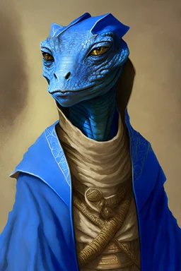 Portrait of a sand lizardfolk earth kineticist in Pathfinder RPG dressed in blue taureg robes