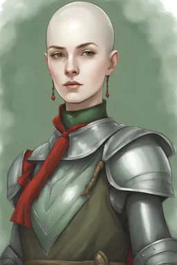 portrait colour drawing, fantasy setting, 26-year old slender female scholarly human cleric, shaved head, wearing armour (30% white, 70% dark green) and a red beaded necklace