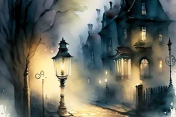 Prompt: a lantern glowing softly on a cobblestone street, mist swirling, with old Victorian houses lining the path, watercolor, mysterious, nocturnal