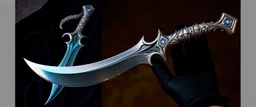 "A fantasy dagger inspired by a squid's tentacles, designed like a talon. The blade is curved and organic, shimmering with iridescent colors like deep-sea creatures. Its handle resembles a coiled squid arm, with tiny suckers and subtle bioluminescent patterns glowing in blues and purples. The overall design looks both ancient and alien, like a relic from an underwater civilization. The dagger is displayed on dark velvet or held by a gloved hand."