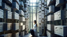 Woman in a forest of cubes with niches and windows