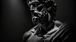 stone sculpture on ancient greek man, stoic, highly detailed, photorealistic, dark black room background, spotlight effect,