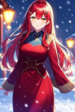 girl, masterpiece, best quality, volumetric lighting, detailed outfit, perfect eyes, red hair, golden eyes, long hair, snowing, outdoors, winter outfit, hairclip, depth of field, red outfit,