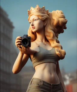 Statue of Queen of photography. Cute blonde woman. Photographer in golden crown. Standing on the street. Big camera in her hand. hyperdetailed, photorealistic, trending on artstation, greg rutkowski, beksinski, kodachrome