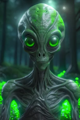 alien being, grey ands green skin, long nails, big eyes, on darkness forest