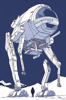 a minimalist silhouette of a sleek mechanical walker with eight legs scaling a very steep snow covered side of mout everest at night, it has a smooth surface, it has storage pods on its belly and humans can fit in the pods