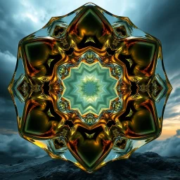 Dynamic hypnotic fractal 3D structures hexogonal Symmetry twisting and morphing between organic and geometric forms , smooth translucent iridescent glass with inner glow and bubbles, varied transparent materials, stormy skies, intense dramatic
